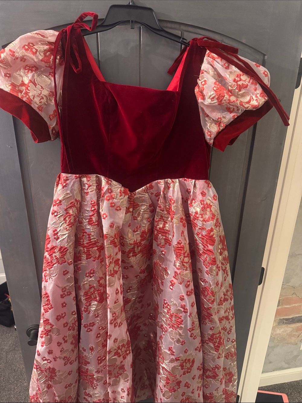 Red Velvet and Floral Puff Sleeve Dress